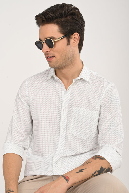 White Cotton Slim Fit Floral Print Shirt