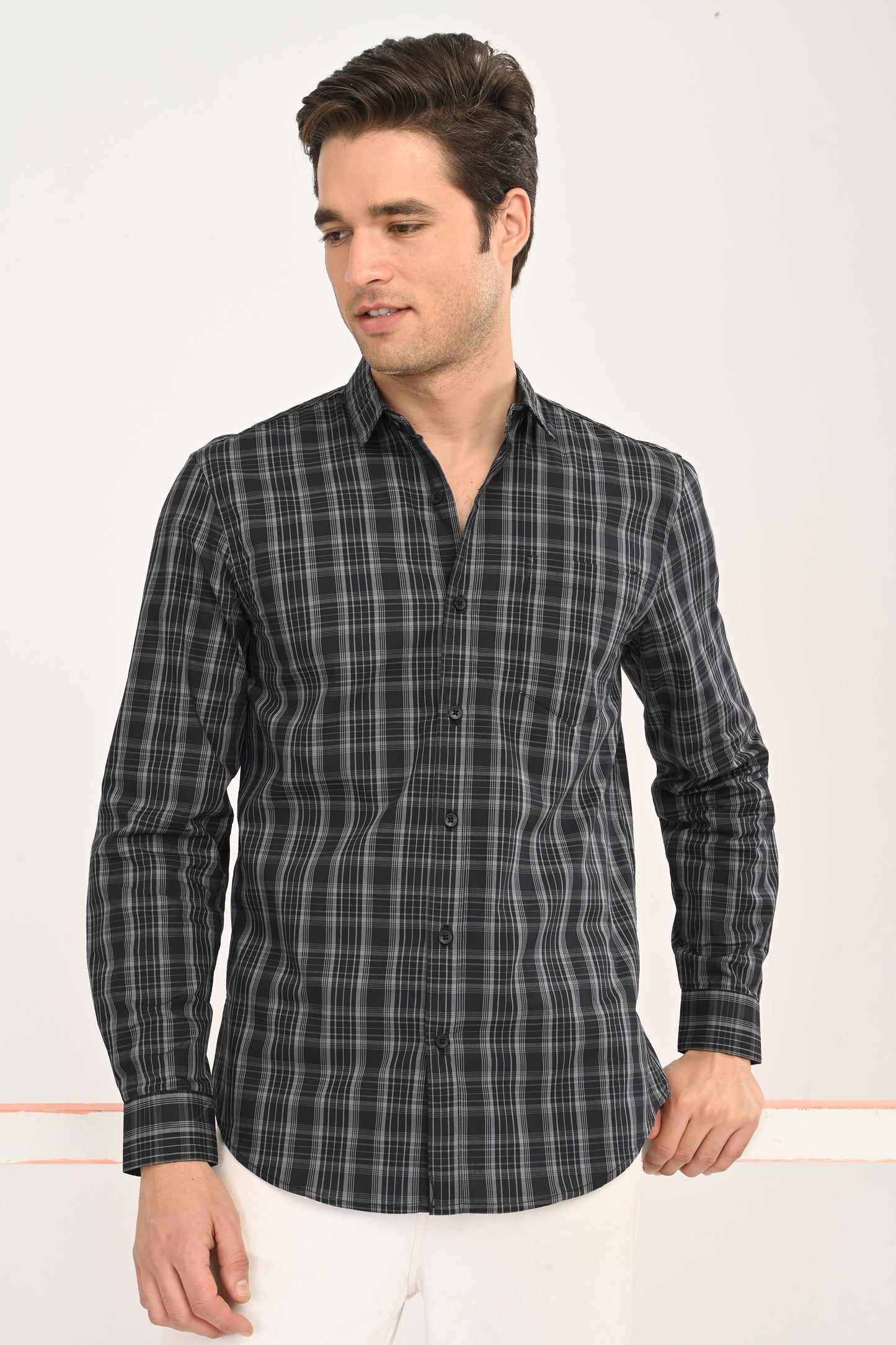 Men’s Slim Fit Checkered Shirt – Black & Grey Plaid Casual Long Sleeve Button-Down