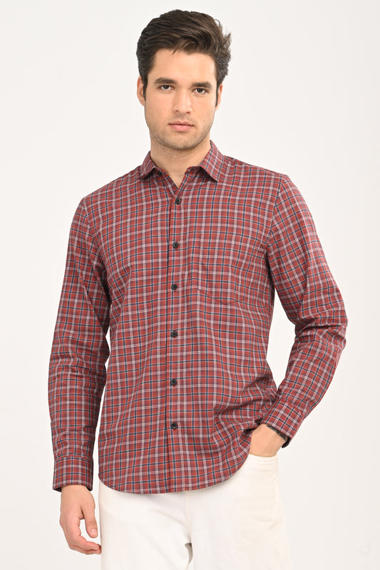 Men’s Slim Fit Checkered Shirt – Red & Navy Plaid Casual Long Sleeve Button-Down