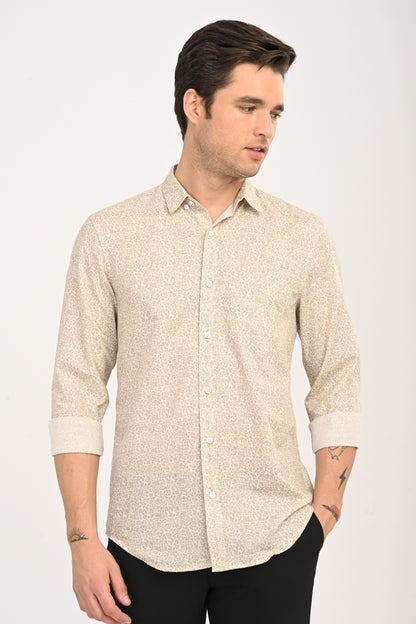 Men's Beige Geometric Print Single Pocket Shirt