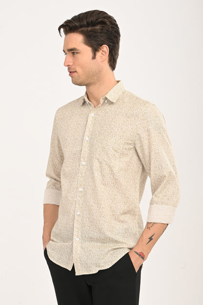 Men's Beige Geometric Print Single Pocket Shirt