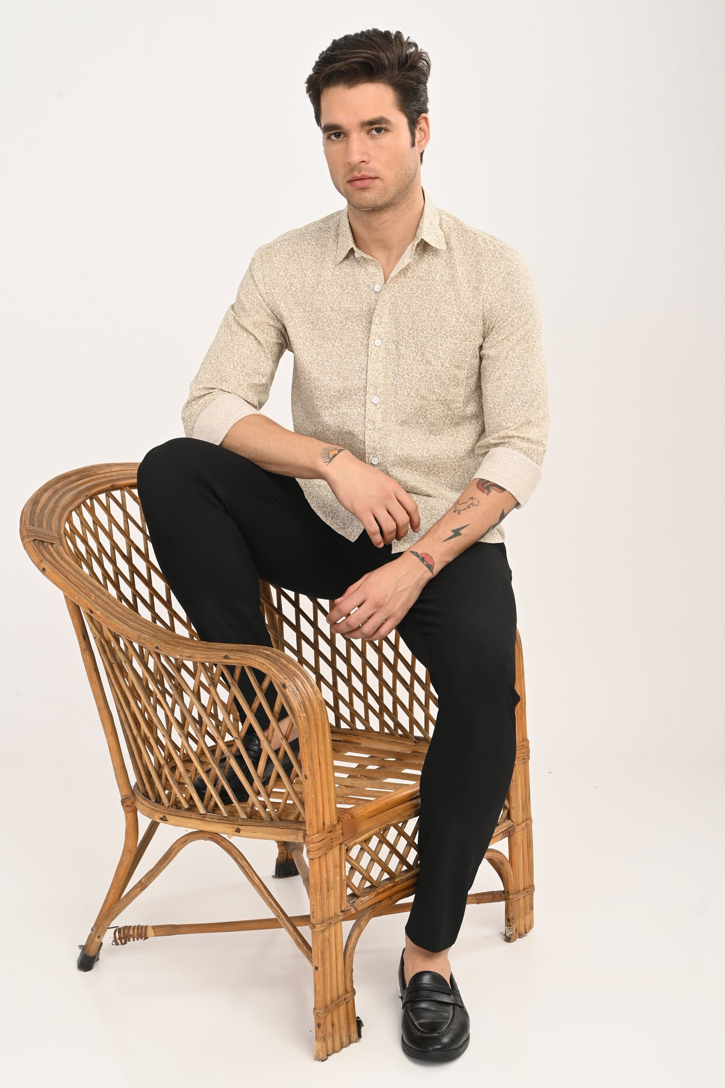 Men's Beige Geometric Print Single Pocket Shirt