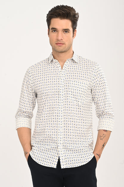 Men's White Micro Print Slim Fit Casual Shirt