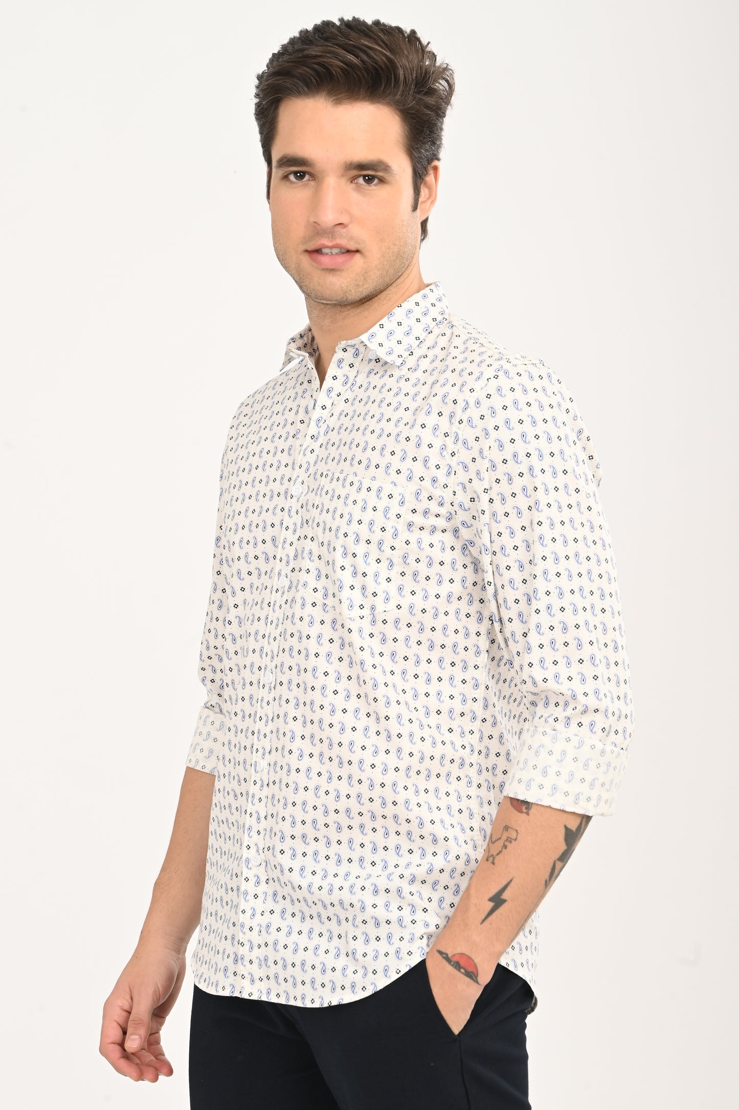 Men's White Micro Print Slim Fit Casual Shirt