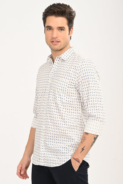 Men's White Micro Print Slim Fit Casual Shirt