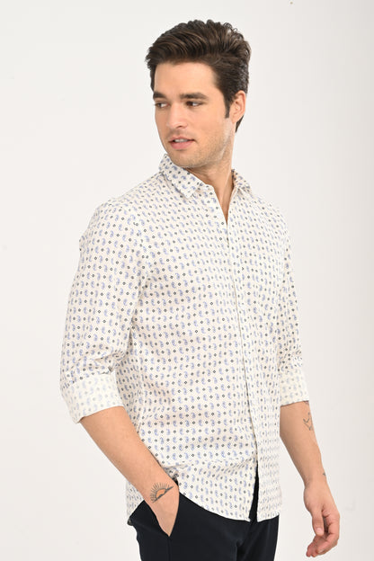 Men's White Micro Print Slim Fit Casual Shirt