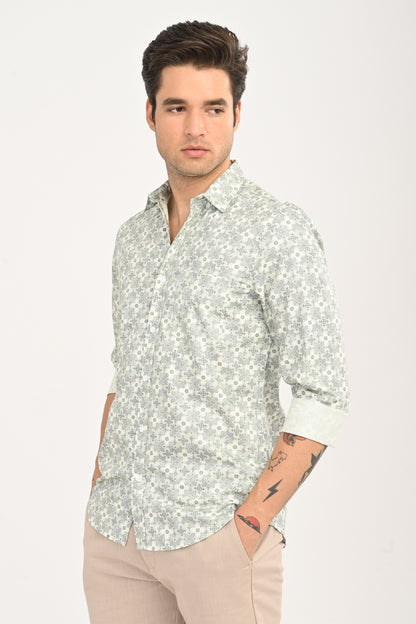 Green Floral Print Cotton Shirt
