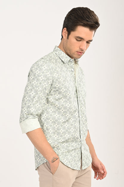 Green Floral Print Cotton Shirt