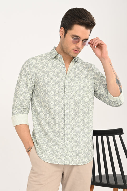 Green Floral Print Cotton Shirt