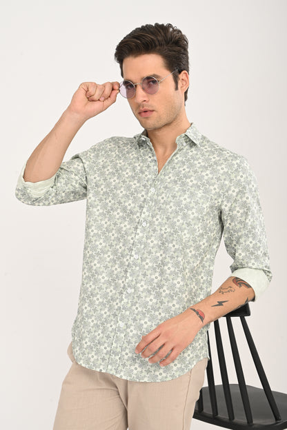Green Floral Print Cotton Shirt
