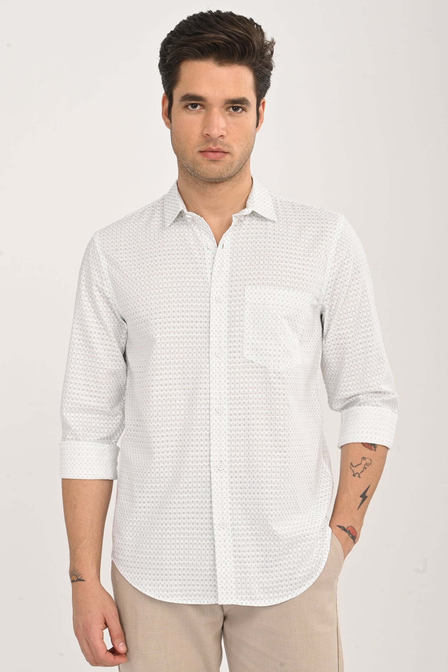 White Cotton Slim Fit Floral Print Shirt