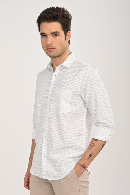 White Cotton Slim Fit Floral Print Shirt