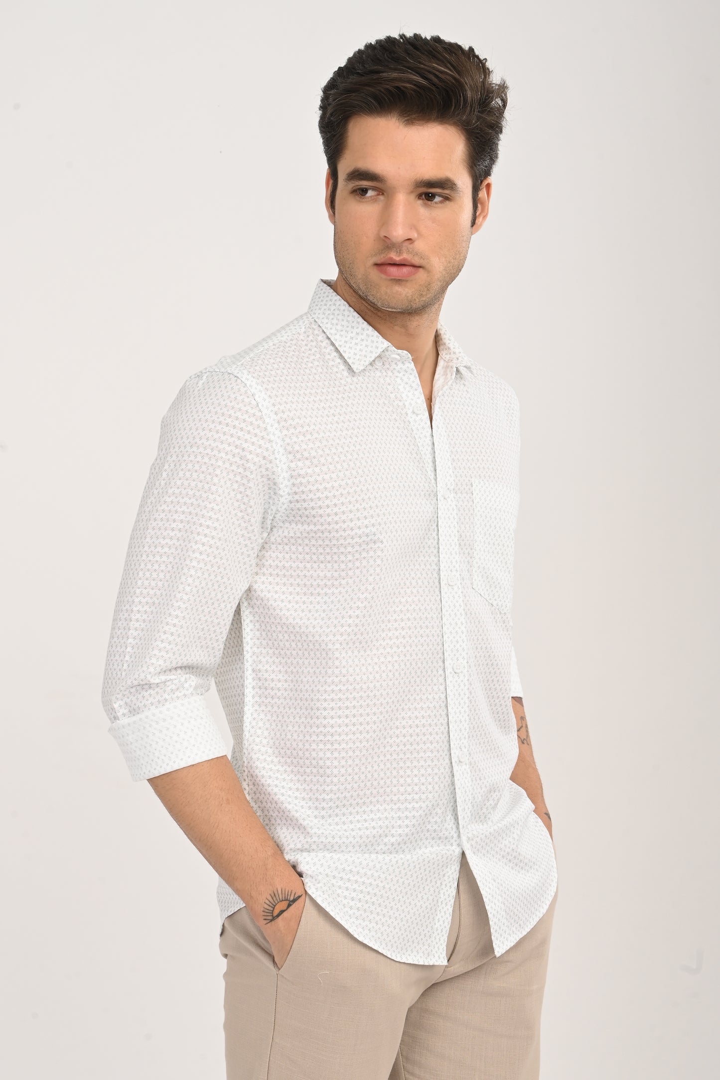 White Cotton Slim Fit Floral Print Shirt