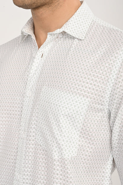 White Cotton Slim Fit Floral Print Shirt
