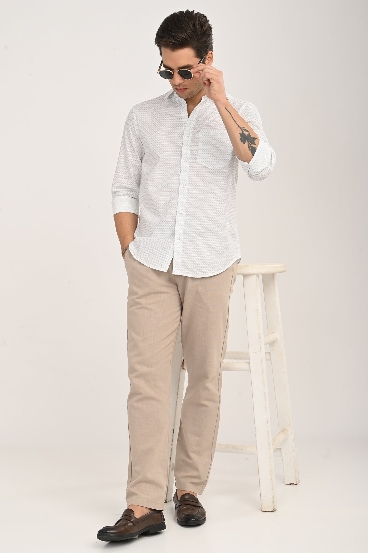 White Cotton Slim Fit Floral Print Shirt