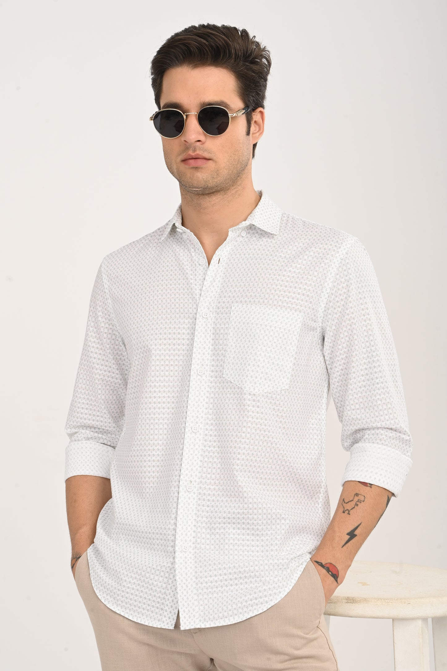 White Cotton Slim Fit Floral Print Shirt