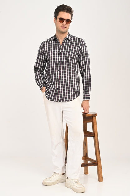 Men’s Slim Fit Checkered Shirt – Grey & Red Plaid Casual Long Sleeve Button-Down