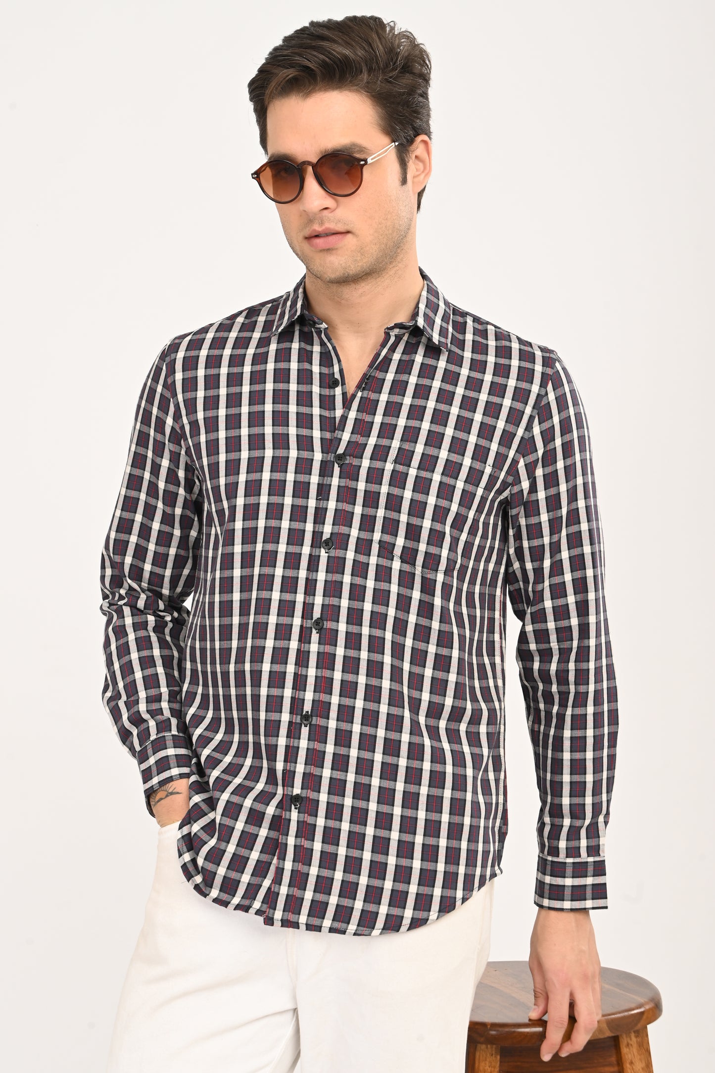 Men’s Slim Fit Checkered Shirt – Grey & Red Plaid Casual Long Sleeve Button-Down