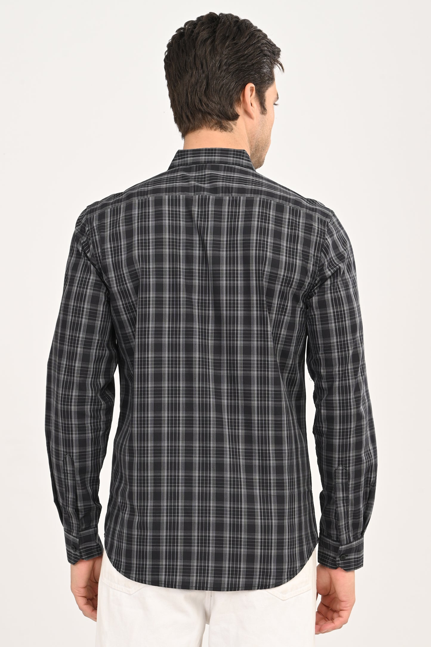 Men’s Slim Fit Checkered Shirt – Black &amp; Grey Plaid Casual Long Sleeve Button-Down