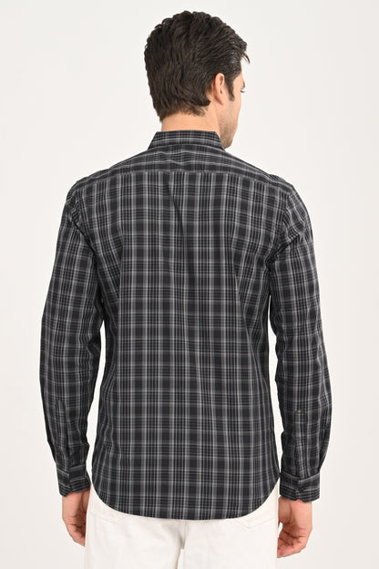 Men’s Slim Fit Checkered Shirt – Black &amp; Grey Plaid Casual Long Sleeve Button-Down