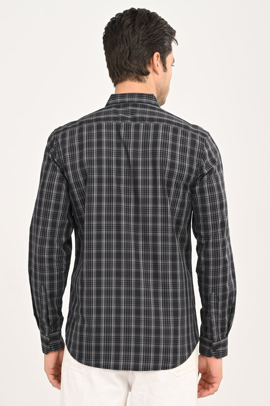 Men’s Slim Fit Checkered Shirt – Black &amp; Grey Plaid Casual Long Sleeve Button-Down