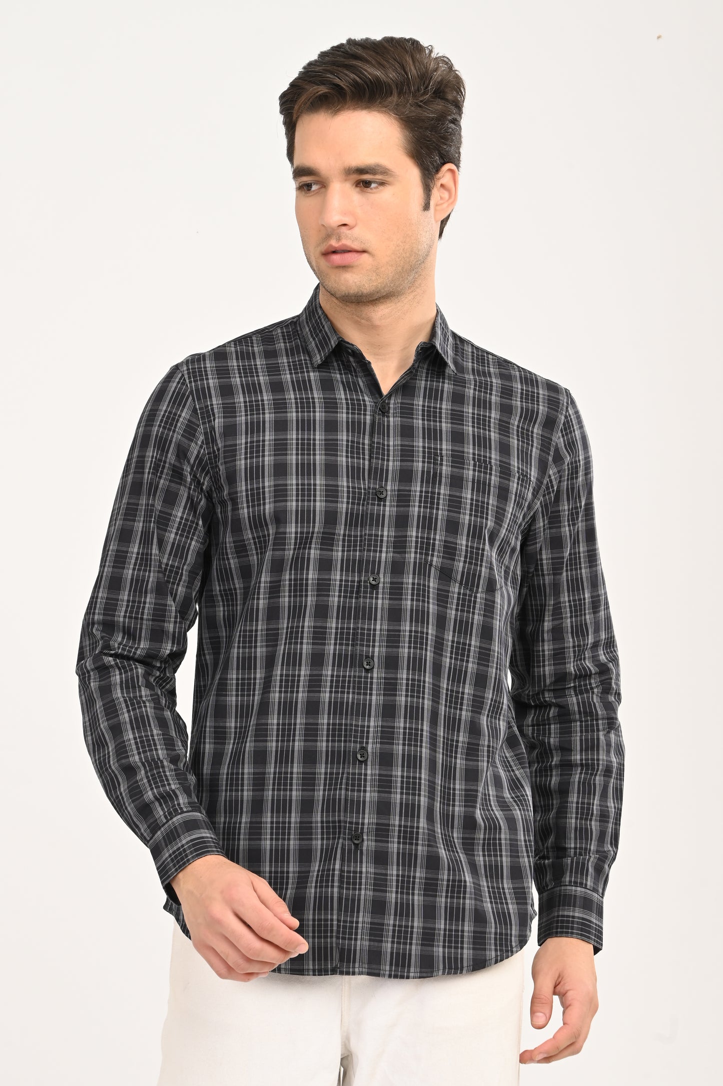 Men’s Slim Fit Checkered Shirt – Black &amp; Grey Plaid Casual Long Sleeve Button-Down