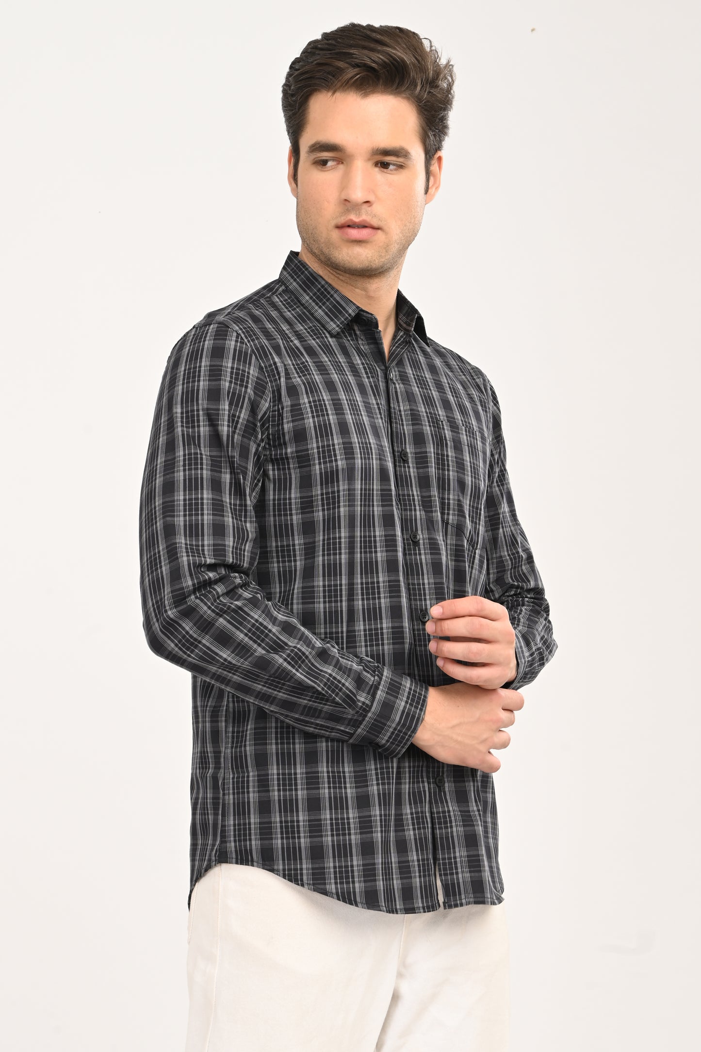 Men’s Slim Fit Checkered Shirt – Black &amp; Grey Plaid Casual Long Sleeve Button-Down