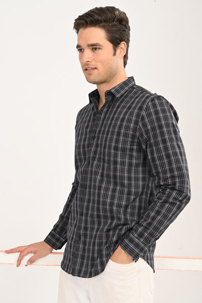 Men’s Slim Fit Checkered Shirt – Black &amp; Grey Plaid Casual Long Sleeve Button-Down