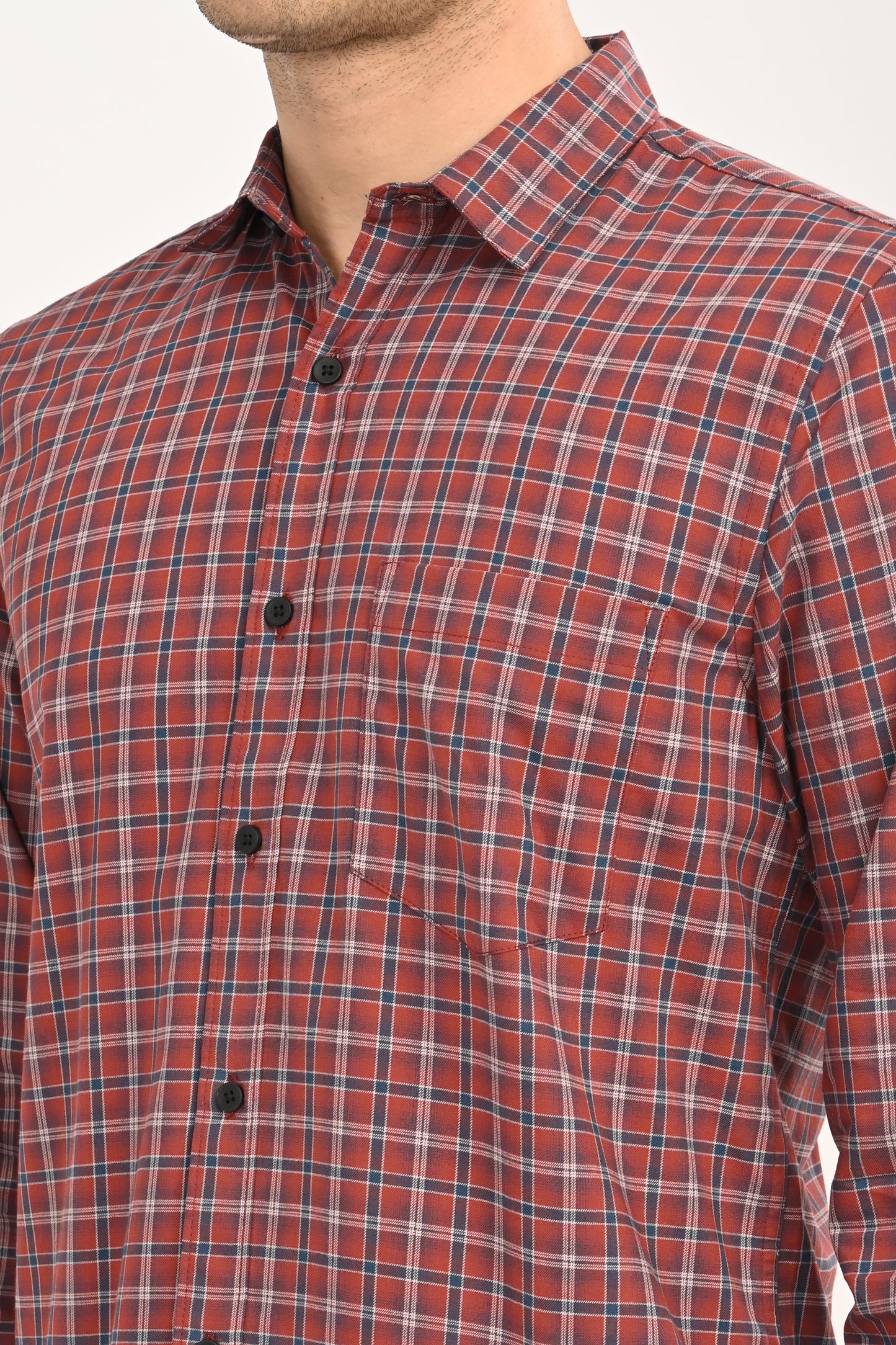 Men’s Slim Fit Checkered Shirt – Red &amp; Navy Plaid Casual Long Sleeve Button-Down