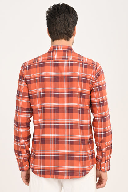 Men’s Orange Checked Casual Shirt – Slim Fit, Full Sleeve Cotton Plaid Shirt