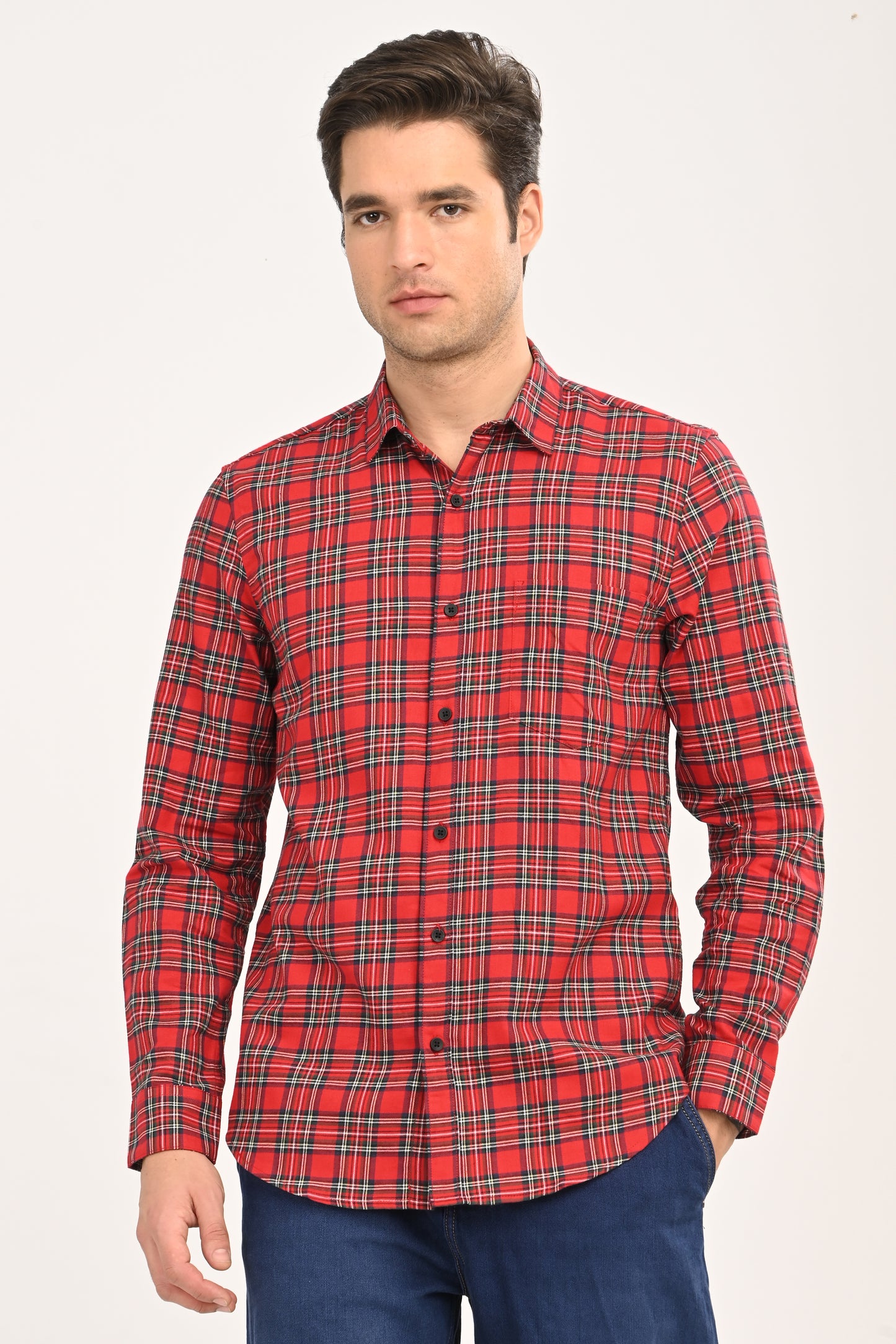 Red & Navy Tartan Plaid Casual Shirt – Slim Fit Premium Cotton