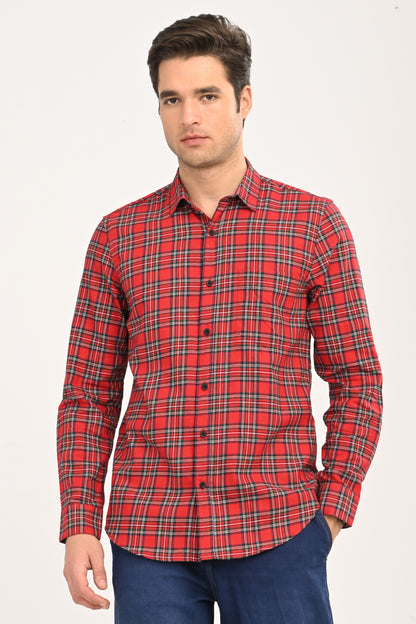 Red & Navy Tartan Plaid Casual Shirt – Slim Fit Premium Cotton