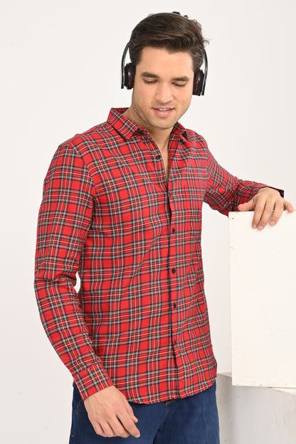 Red & Navy Tartan Plaid Casual Shirt – Slim Fit Premium Cotton