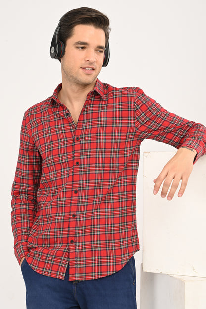 Red & Navy Tartan Plaid Casual Shirt – Slim Fit Premium Cotton