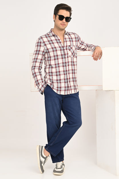 Men's Maroon & Cream Plaid Slim Fit Casual Cotton Shirt