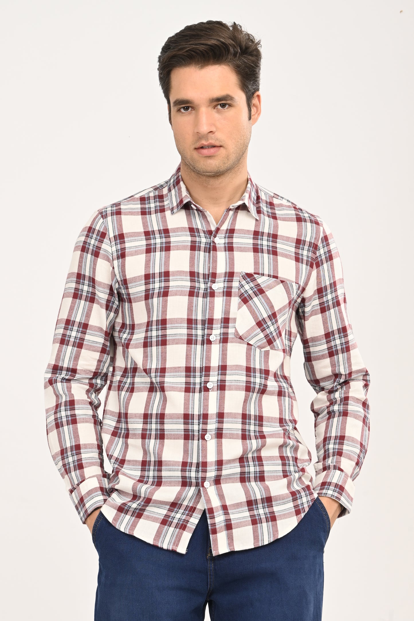 Men's Maroon & Cream Plaid Slim Fit Casual Cotton Shirt