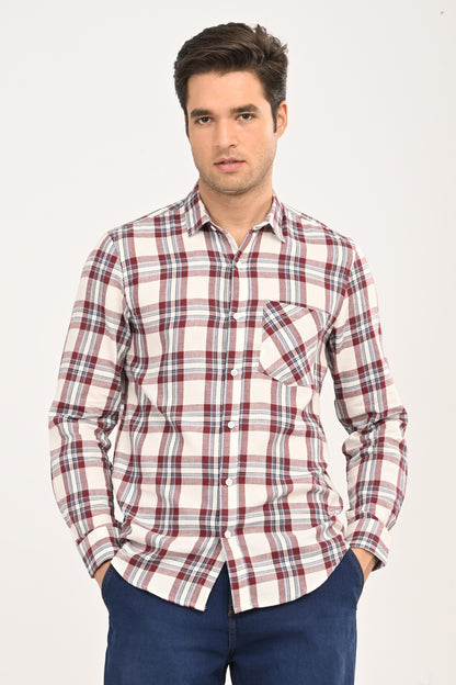 Men's Maroon & Cream Plaid Slim Fit Casual Cotton Shirt