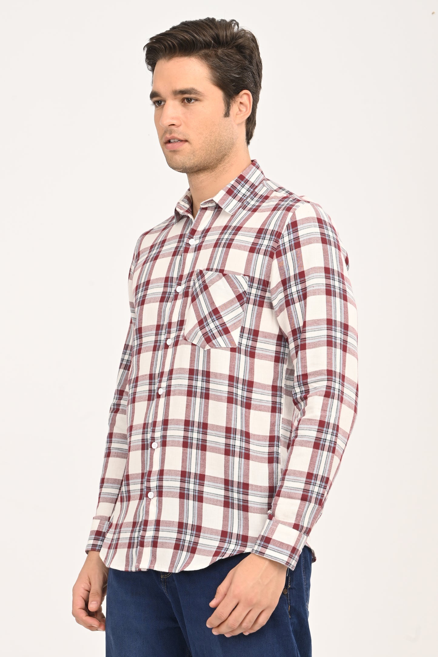 Men's Maroon & Cream Plaid Slim Fit Casual Cotton Shirt