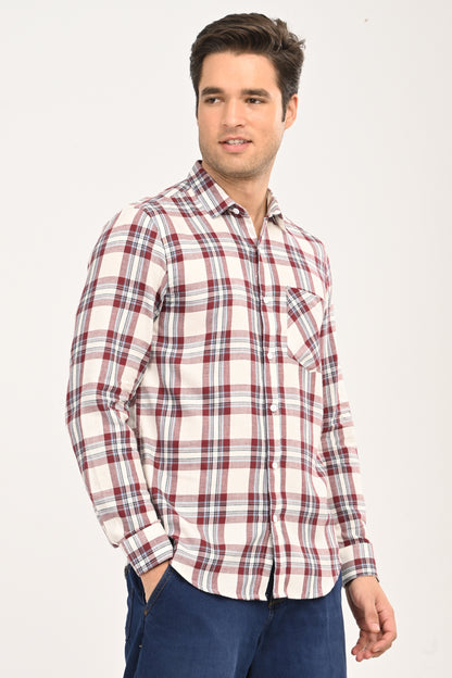 Men's Maroon & Cream Plaid Slim Fit Casual Cotton Shirt