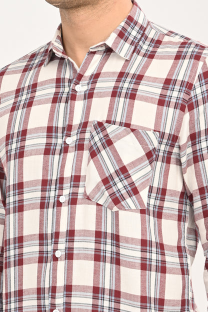 Men's Maroon & Cream Plaid Slim Fit Casual Cotton Shirt