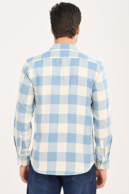 Men’s Sky Blue & Cream Gingham Check Slim Fit Casual Shirt
