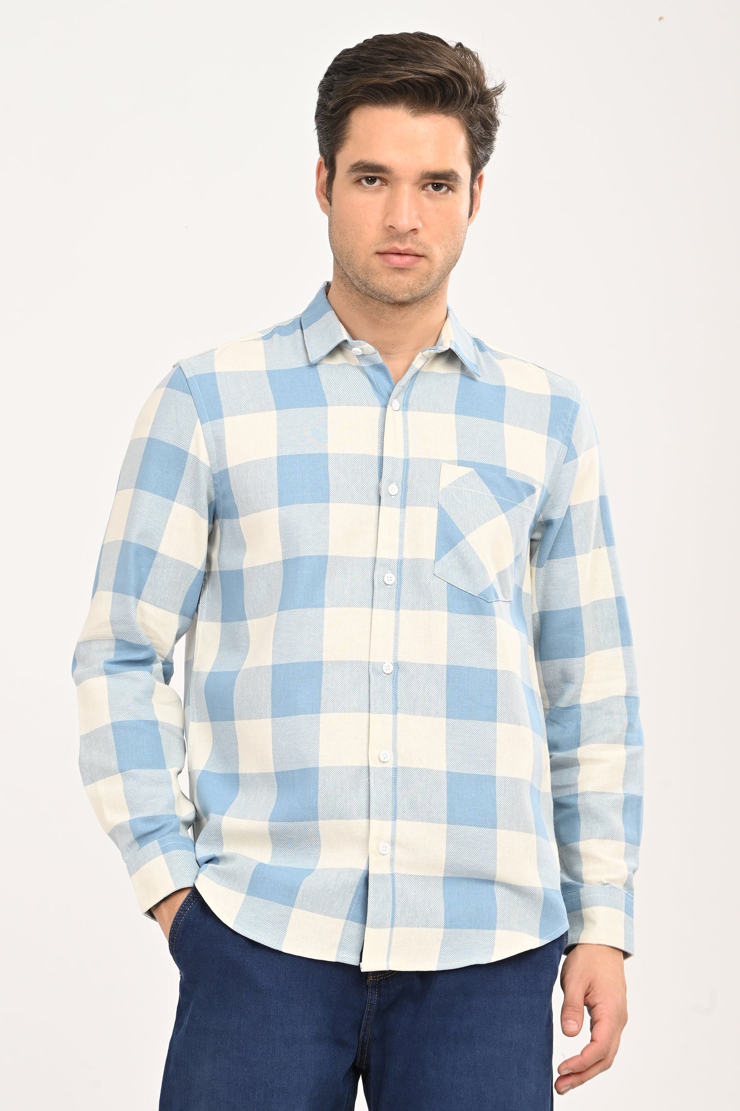 Men’s Sky Blue & Cream Gingham Check Slim Fit Casual Shirt