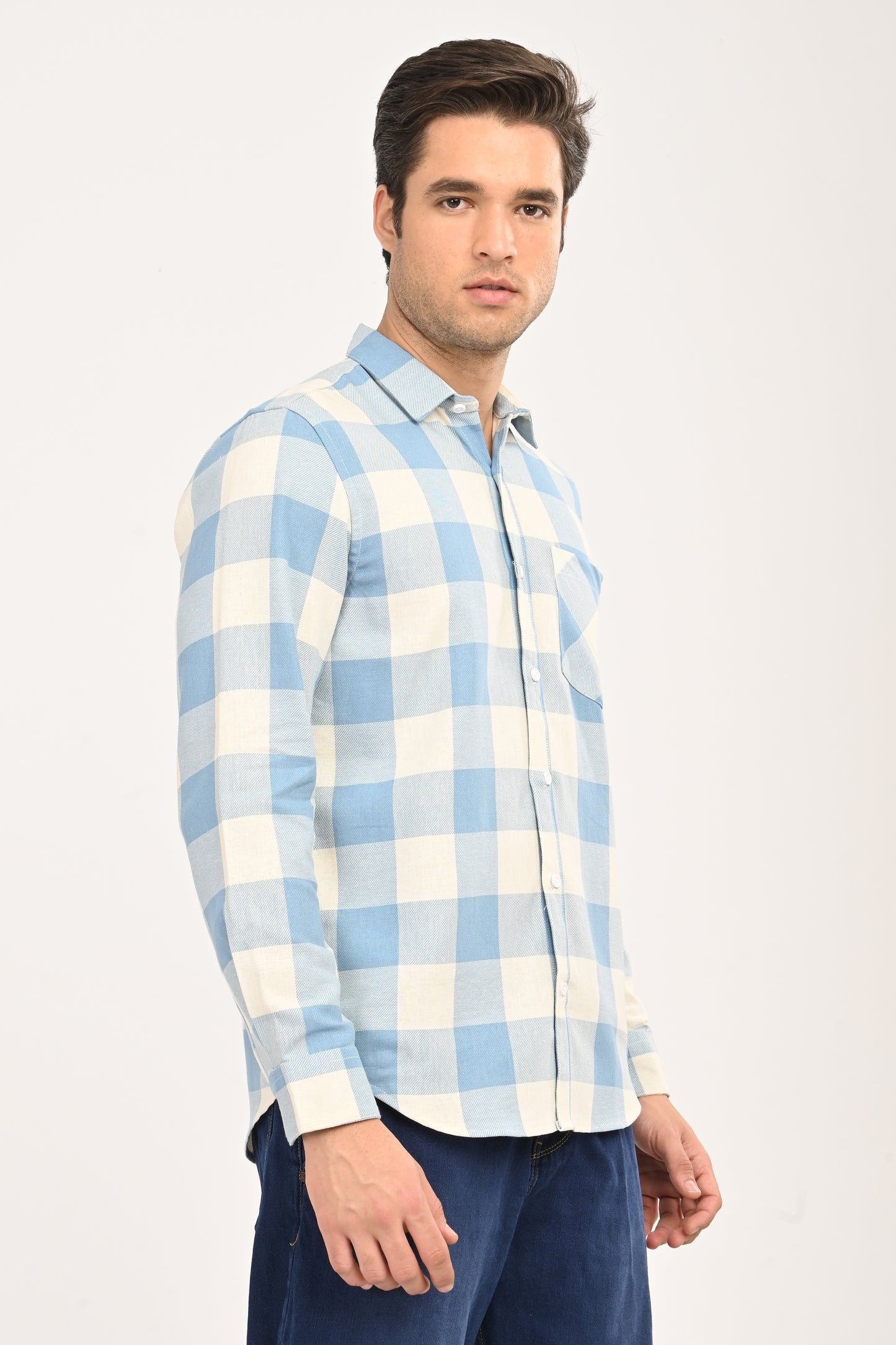 Men’s Sky Blue & Cream Gingham Check Slim Fit Casual Shirt