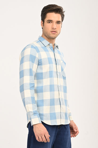 Men’s Sky Blue & Cream Gingham Check Slim Fit Casual Shirt