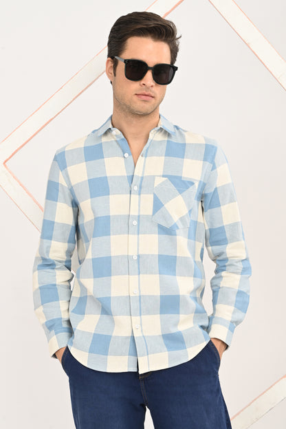 Men’s Sky Blue & Cream Gingham Check Slim Fit Casual Shirt