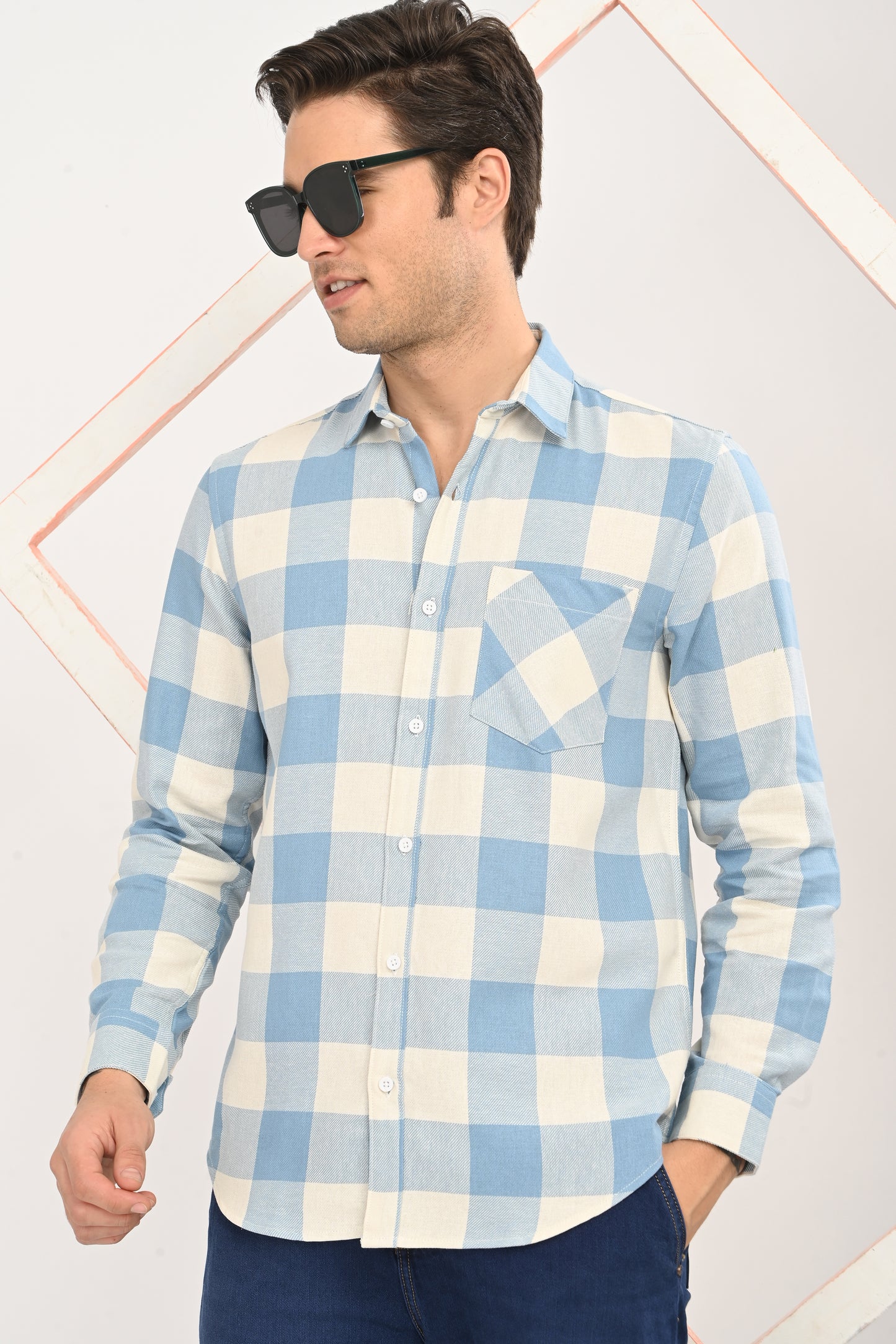 Men’s Sky Blue & Cream Gingham Check Slim Fit Casual Shirt