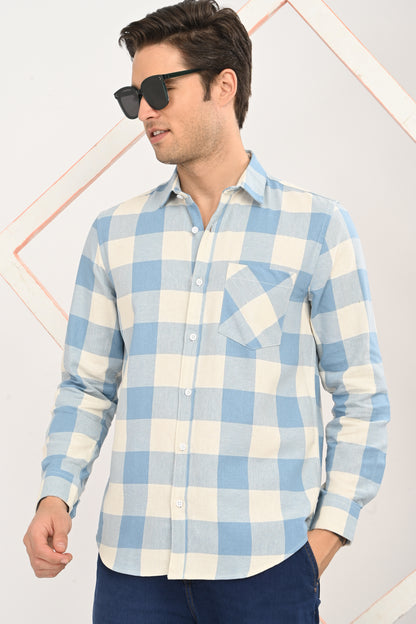 Men’s Sky Blue & Cream Gingham Check Slim Fit Casual Shirt