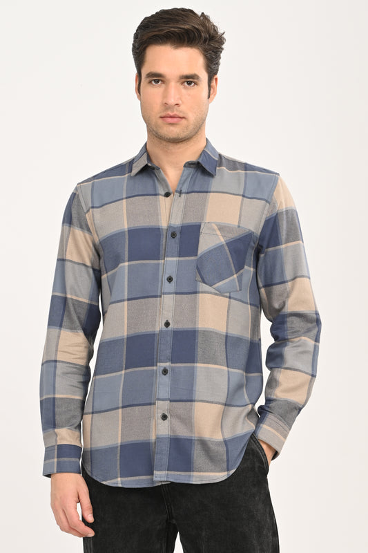 Men's Slate Blue & Beige Large-Block Plaid Slim Fit Casual Shirt