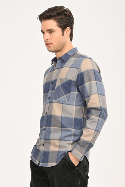 Men's Slate Blue & Beige Large-Block Plaid Slim Fit Casual Shirt