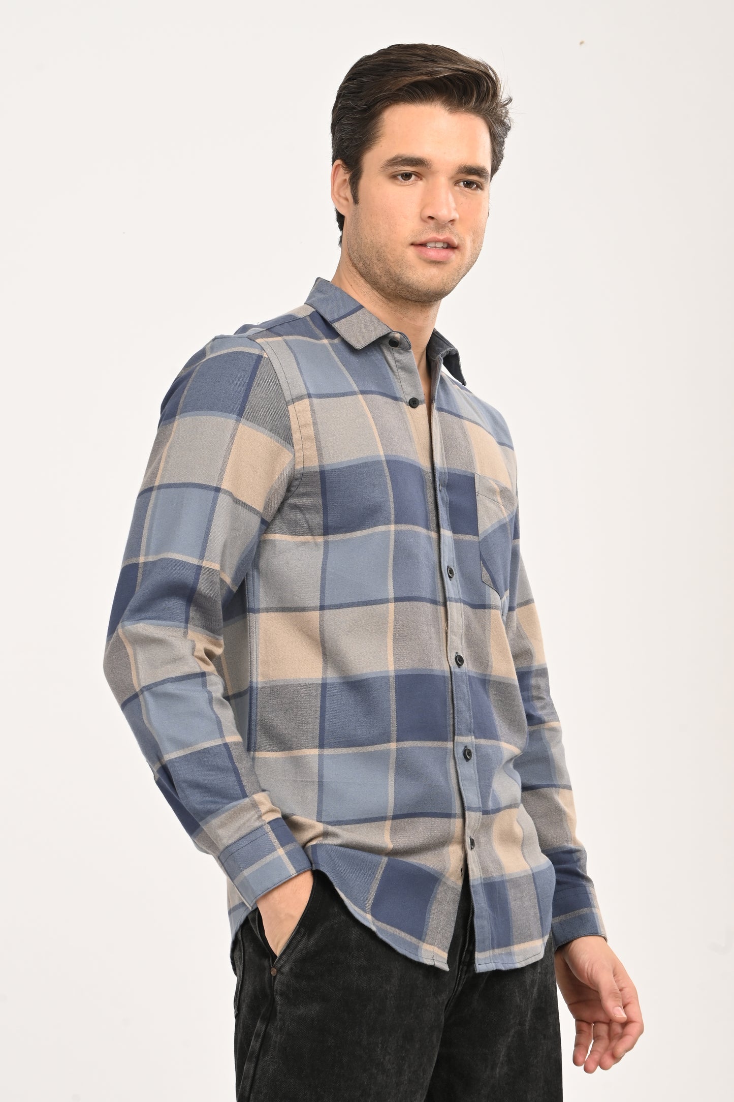 Men's Slate Blue & Beige Large-Block Plaid Slim Fit Casual Shirt